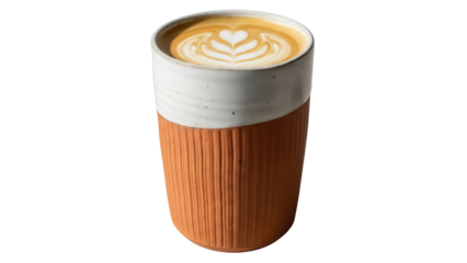 Latte art in ceramic cup isolated PNG, coffee drink with heart design on transparent background, cafe beverage for menu