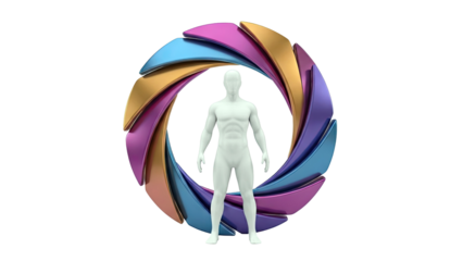 White human figure inside a colorful swirling vortex on a white background