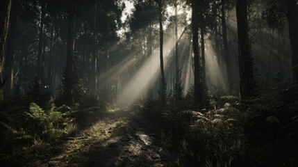 Obraz premium Forest path sunlight ray tree shadow fern morning mist atmosphere moody algorithmic nature