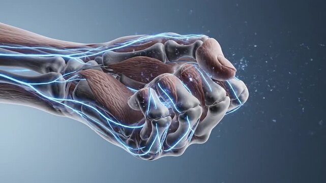 Detailed anatomical illustration of human hand muscles and tendons.