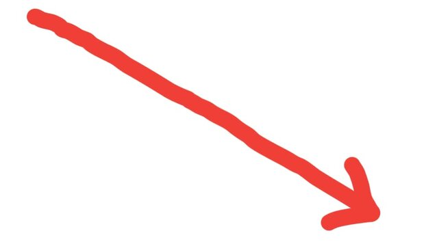 Simple hand drawn red downward diagonal arrow animation on a white background, indicating decline, loss, and negative trends in a clear, minimal style