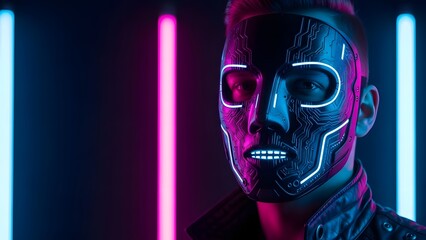 Cyberpunk man wearing futuristic neon circuit mask
