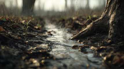 Flowing water forest stream tree root wet soil soft focus morning light serene mood spring nature algorithmic depth natural texture small forest stream flows past gnarled tree root soft morning