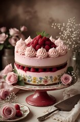 Romantic Pink Raspberry Cake With Rosy Buttercream Decorations On An Elegant Cake Stand