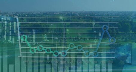 Animation of financial graphs over cityscape - Powered by Adobe