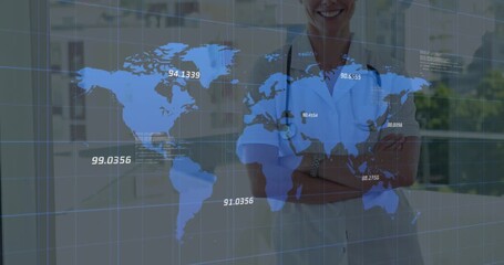 Animation of data processing over caucasian female doctor smiling - Powered by Adobe