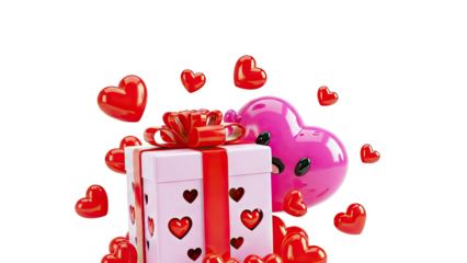 Pink gift box with red hearts and a large pink heart character