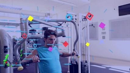 Animation of data processing over caucasian man exercising at gym - Powered by Adobe