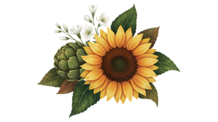 A beautiful bright yellow sunflower blossom with green leaves isolated on a white background represents the summer beauty of nature's floral garden flora in bloom