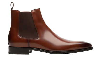Elegant brown leather Chelsea boot isolated PNG on transparent background, stylish footwear for men s fashion and formal occasions