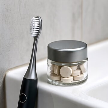 Modern electric toothbrushes on minimal bathroom shelves and solid toothpaste in glass bottles