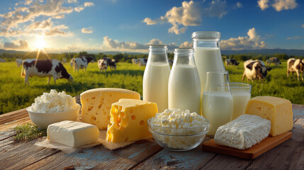 Fresh dairy products with milk, butter, cottage cheese, and cheese on a rustic wooden table
