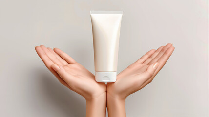 Hands holding skincare lotion tube mockup on background