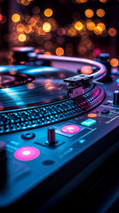 Turntable with vinyl record and neon lights creating a vibrant atmosphere
