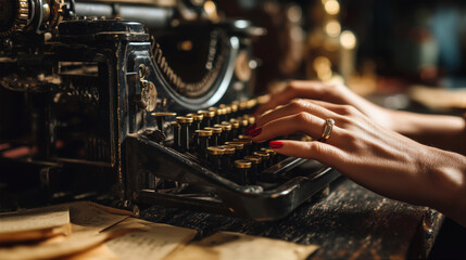 Woman's hands with red nails typing on an old mechanical typewriter