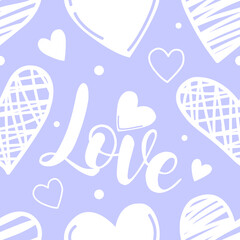 Pastel Blue Love Heart Seamless Pattern with White Doodles and Romantic Lettering, Sweet Background for Baby Shower