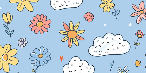 Fototapeta premium Seamless doodle flower pattern with hand drawn colorful spring flora elements and white clouds on light blue background vector illustration