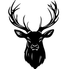 Detailed black silhouette of stag head with large branching antlers facing forward on white background vector illustration for wildlife logo design and nature symbol