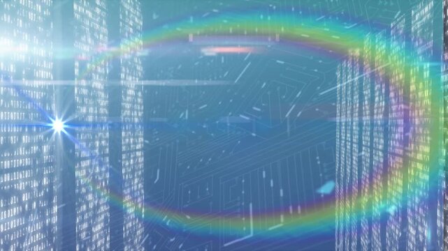 Animation of digital light and colorful oval shape moving over bar graph and graphical circuit board