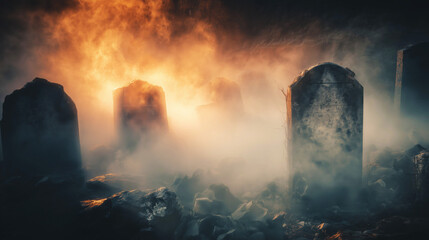 Ethereal Cemetery with Cracked Tombstones in Glowing Mist