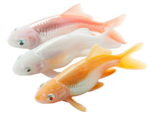 Three tiny tropical fish are isolated on a transparent background. The fish have different colors and sizes, showcasing their unique body shapes. They seem to swim freely without distractions