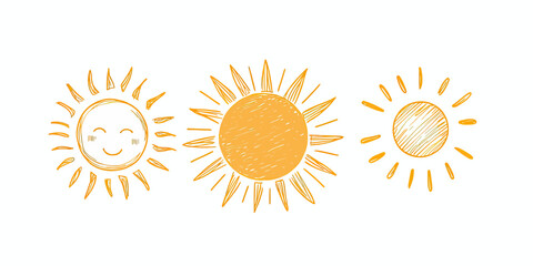Fototapeta premium Hand drawn doodle suns set with smiley face cute sketch sunburst icons sunny weather symbols in orange vector illustration flat minimalist style design