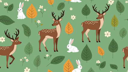 Obraz premium Whimsical forest pattern featuring deer, rabbits, colorful autumn leaves, and delicate flowers on a soft green background for kids decor.