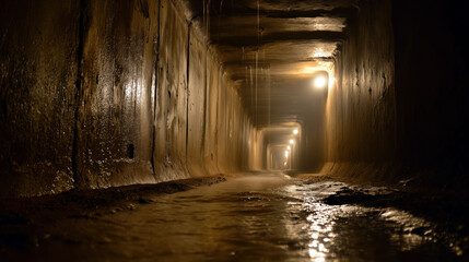 Serene Tunnel with Dripping Water and Distant Light in Darkness