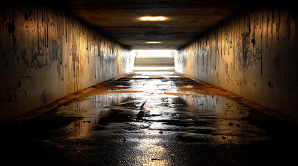 Serene Tunnel Passage with Dripping Water and Distant Light Source