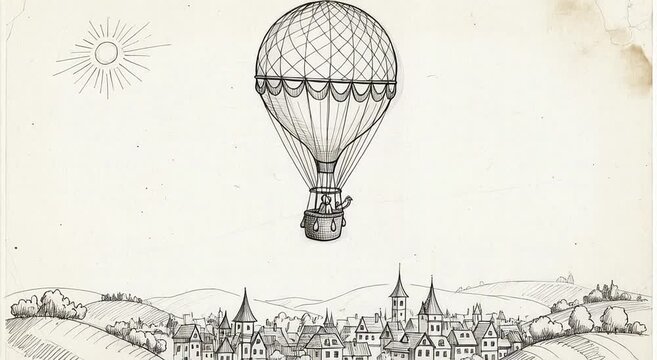 Hot Air Balloon over Town Drawing