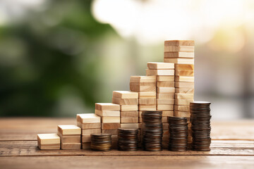 Wooden Blocks Forming Steps with Coins Representing Income Growth