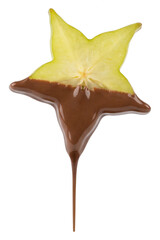 Fototapeta premium Chocolate Dipped Star Fruit: Exotic Treat with Drip on White Background