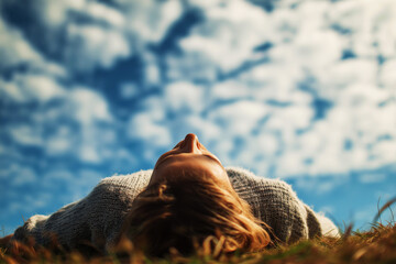 Person Lying on Grass Gazing at Sky with Blue and White Clouds