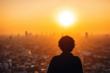 Person Gazing at Sunrise with Hope Amid Cityscape Background