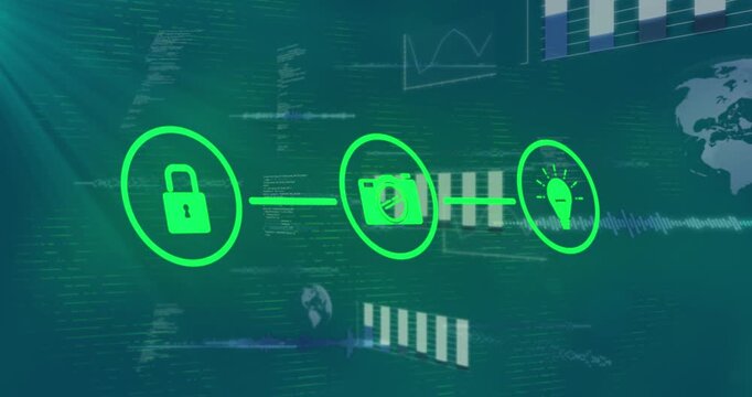 Animation of connected register blue padlock icons and data processing on blue background