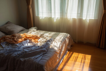 Unmade Bed in Morning Light with Cozy Atmosphere and Soft Textiles