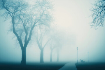 Foggy Park Pathway with Tree Silhouettes and Bench for Reflection
