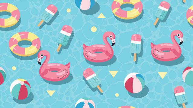 Refreshing swimming pool pattern with floating pink flamingos, colorful beach balls, striped life rings, and frozen treats on water.