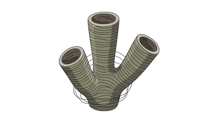 Unique triple branched tube coral illustration with a textured gray surface and circular patterns representing marine life diversity.