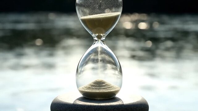 Asmr Clear hourglass, a conceptual image symbolizing the passage of time outdoors by calm water with negative space  b roll for advertising and news