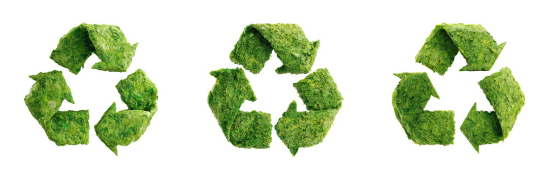 Set of A bright green recycle symbol on transparent png background. Ai generated