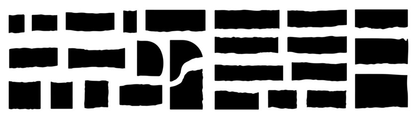 Abstract Torn Paper Rectangle Shapes Black Silhouette Collection on White Background, Ripped Paper Texture Elements for Design, Collage, Banner, Frame and Creative Templates