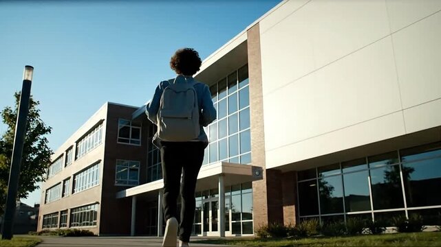 Young person back to school with backpack walking towards a modern educational institution building on a bright sunny day, low angle view b roll for advertising and news
