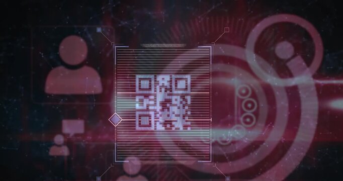 Animation of qr code over network of connections and icons on black background