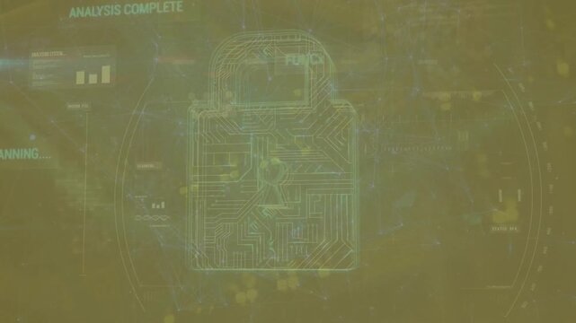 Animation of lock with circuit board patterns in circle with scanning, analysis and functioning text
