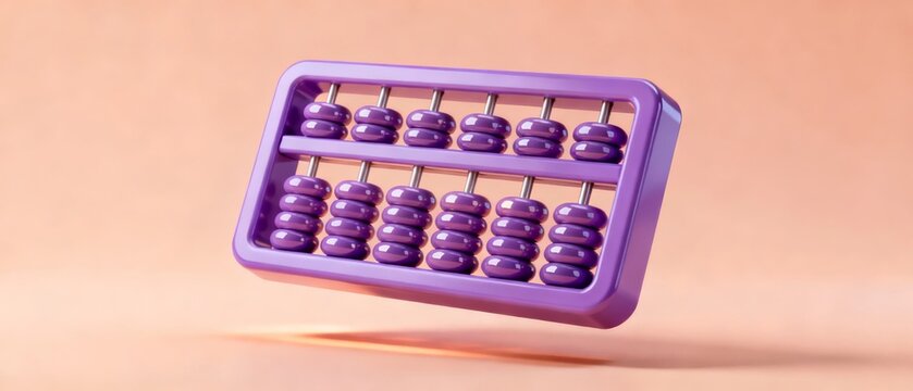 A vibrant purple abacus floats against a soft peach background showcasing its classic design and colorful beads.
