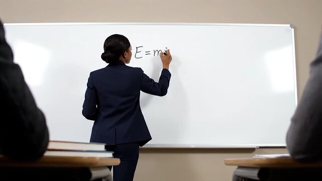 Educator writing scientific formula E=mc&sup2; on whiteboard in a classroom during a lesson, viewed from student's perspective. b roll for advertising and news