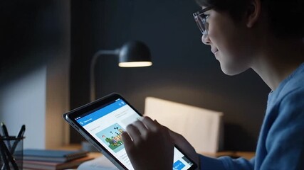 Focused young person learning digitally on a tablet device at a dimly lit desk in a home environment during the evening. - Powered by Adobe