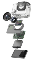 Exploded View of Action Camera Isolated on White Background