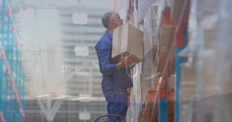 Animation of graphs and math formulas over caucasian male warehouse worker in warehouse - Powered by Adobe